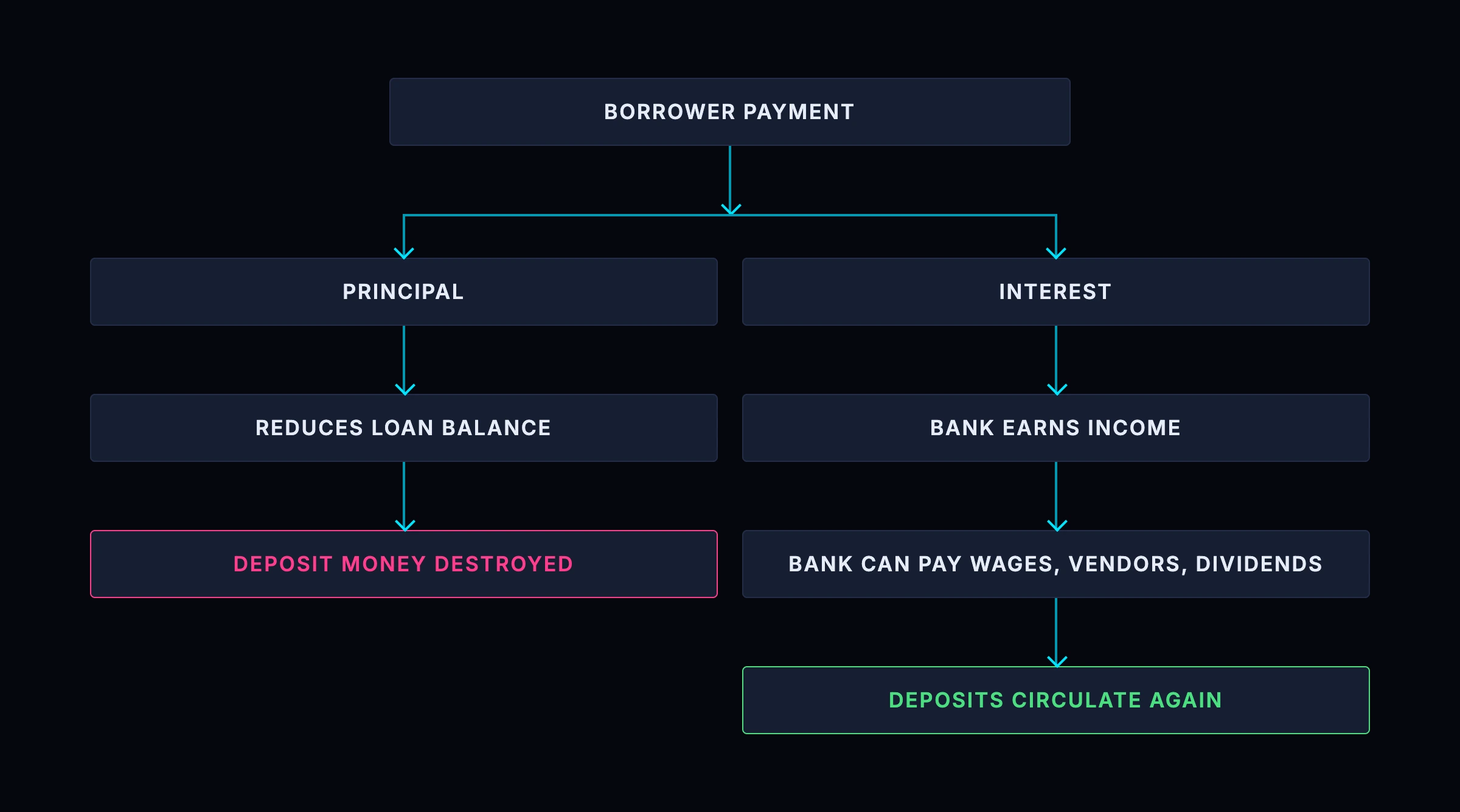 Principal and interest treated differently: principal extinguishes the loan, while interest becomes bank income that can be spent back into the economy