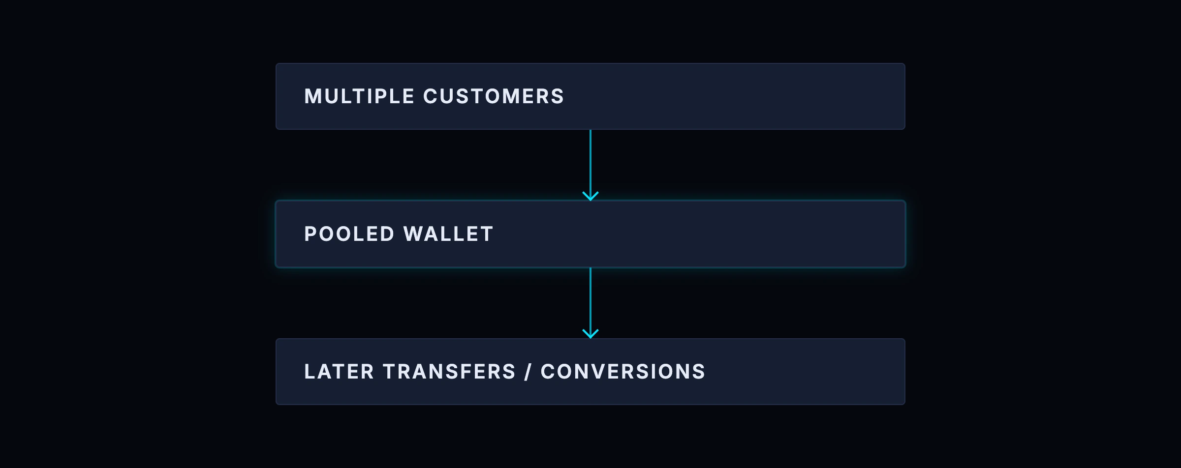 x402 regulation, Model C: multiple customers pay into a pooled wallet, from which later transfers and conversions are made — pooled customer value held by the company